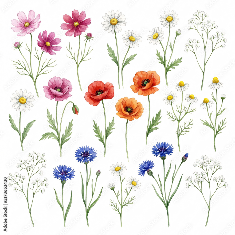Fototapeta premium Watercolor wildflower botanical set with poppy daisy and cornflower for spring floral design