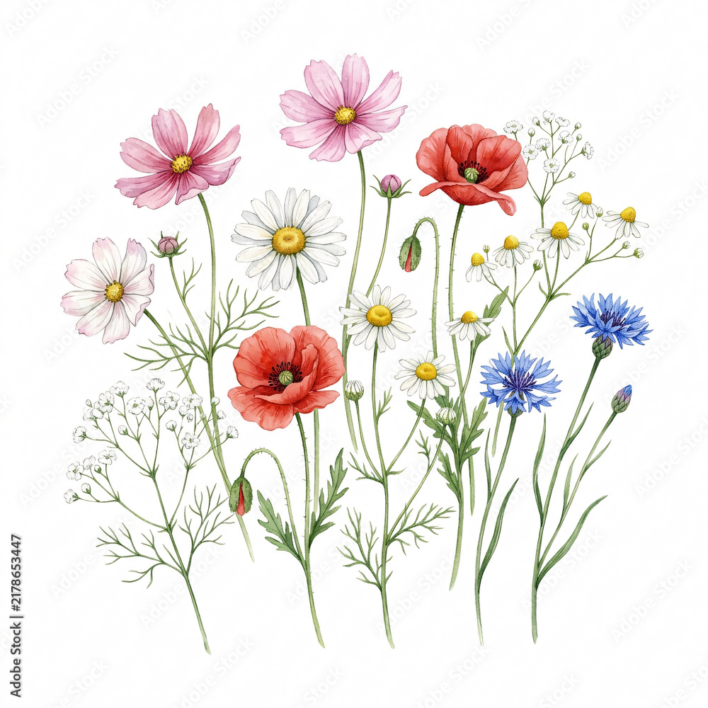 Fototapeta premium Watercolor wildflowers including poppy and daisy bloom in a summer garden for botanical design.