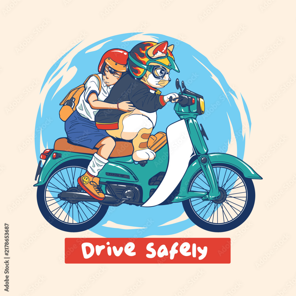 Fototapeta premium Cat and Child Riding Scooter vector