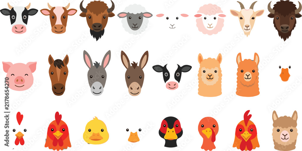 Fototapeta premium Cute cartoon farm animals and domestic livestock avatars vector set featuring happy cow pig sheep chicken horse and alpaca faces collection