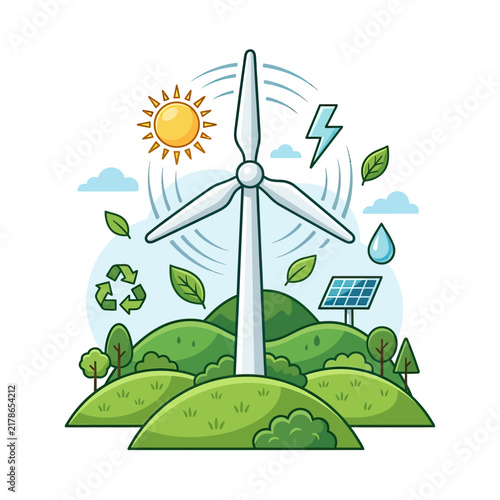 Cartoon illustration of renewable energy sources featuring wind turbine, solar panels, and green nature for sustainable ecology