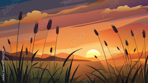 beautiful abstract evening nature background with silhouettes of wild grass stems at sunset. artistic pastoral landscape of grass field.