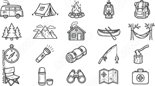 Konstfotografi Outdoor camping and wilderness adventure sketch icons vector set featuring natur
