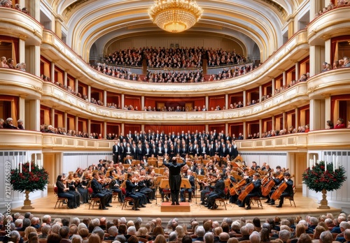 Packed concert hall with orchestra and choir performing a festive Christmas classical concert