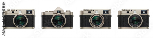 Vintage camera collection in retro metallic style lined up on a pure white background for photography gear reviews, studio equipment banners, and hobbyist design projects