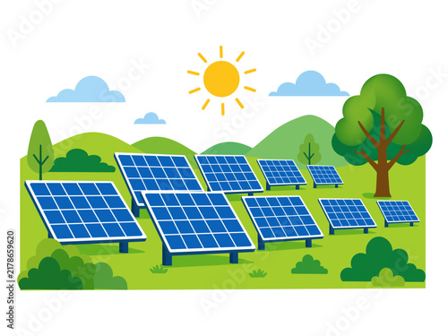 Solar Farm Flat Vector Illustration, 
Large Scale Solar Power Plant Concept.
