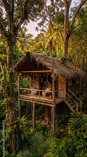 Rustic Bamboo Eco Treehouse Bungalow with Thatched Roof in Tropical Forest sri lankan