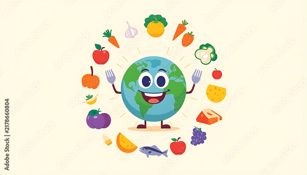Obraz premium Smiling earth cartoon character holding fork and spoon surrounded by food icons.