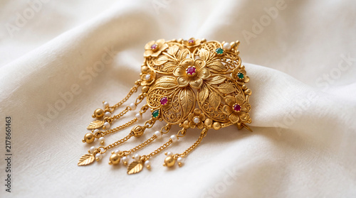 Ornate Traditional Gold Hair Ornament on Ivory Silk