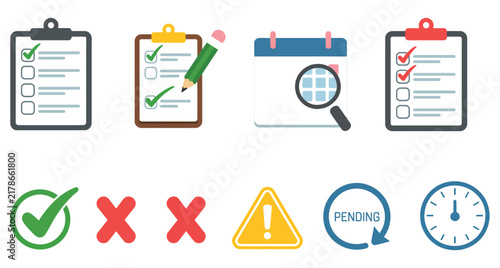 Bild auf Leinwand Task management icons showing checklist approval rejection calendar review pending status and time tracking elements for productivity and workflow applications