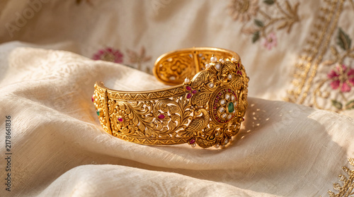 Intricate Traditional Gold Armlet on Cream Silk
