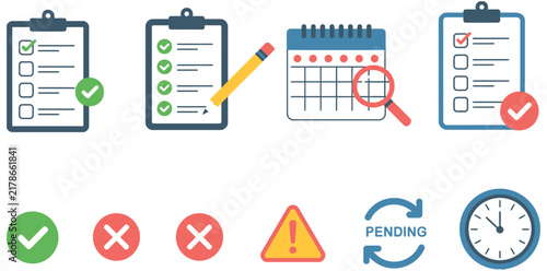 Foto Task management icons featuring checklists approval rejection calendar review pending status and time tracking for workflow organization