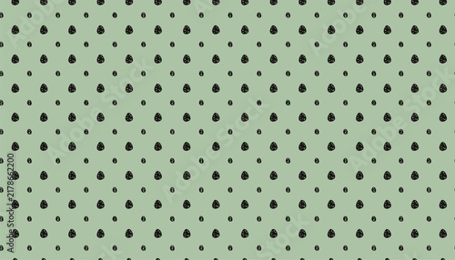 Cute seamless pattern of tiny hand-drawn black strawberries scattered on a refreshing mint green background.