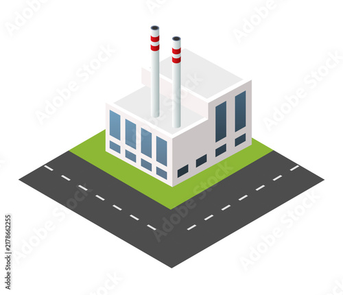 Isometric factory building with chimneys and road
