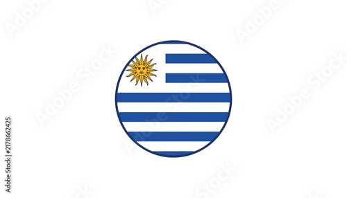 Uruguay national flag circular button icon with blue stripes and yellow sun element on white background.