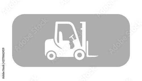 Industrial forklift truck silhouette icon inside grey rounded rectangle symbolizing logistics and warehouse operations.