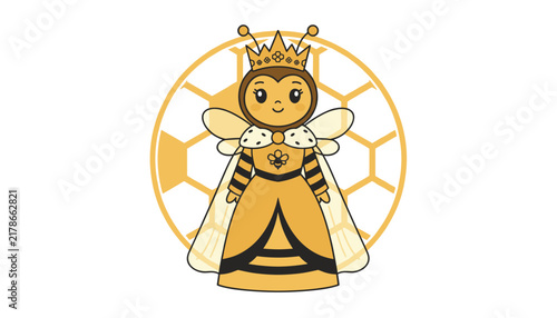 Beautiful queen bee character wearing royal crown and dress standing in front of golden honeycomb circle.