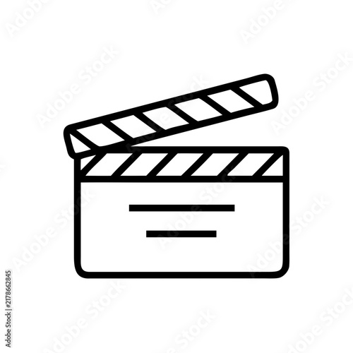 Movie clapperboard icon for cinema filmmaking and production, thin line outline symbol for studio recording and film action