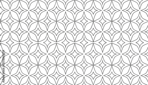 Seamless geometric star pattern with intersecting curved lines creating diamond floral look in black and white.