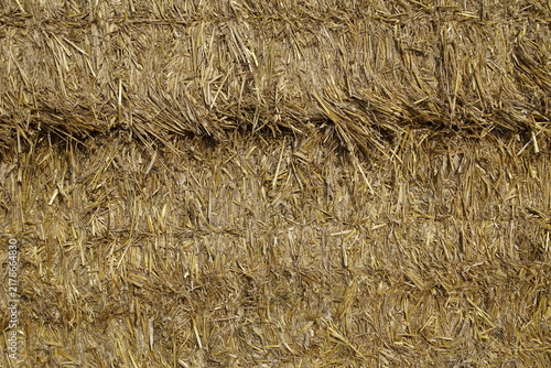 The texture of compressed, dry straw from a rectangular or square bale. Characteristics: Material: Golden-yellow, dried stems and leaves of plants. Structure: Densely packed, layered fibers forming a 