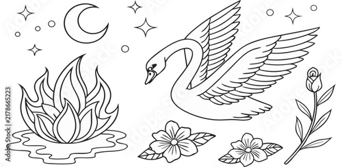 фотографія A detailed black and white line art coloring book page featuring a collection of various swans in different mystical and elemental themes