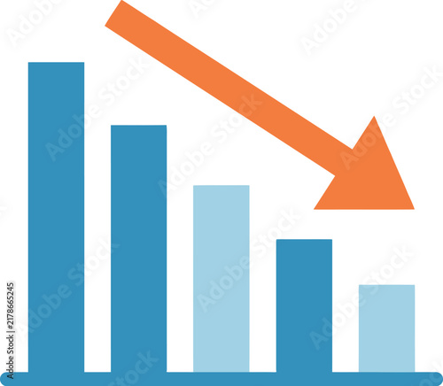 Canvas Print Blue bar chart showing a downward trend with an orange arrow indicating financia