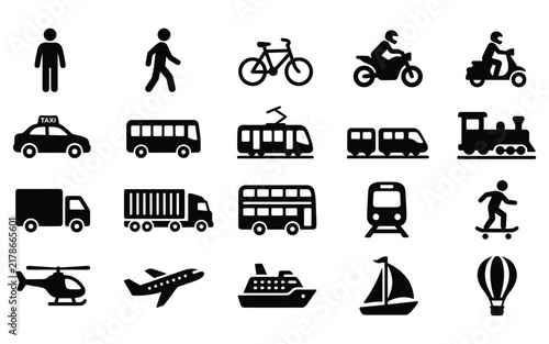 Collection of black transportation icons featuring vehicles and people in motion