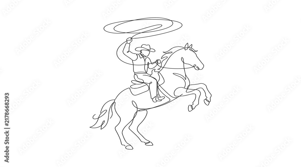 Fototapeta premium Minimalist continuous line drawing of cowboy on horseback with lasso single line wild west black and white