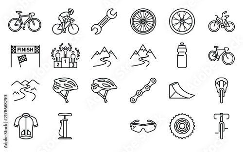 Collection of hand drawn bicycle and cycling related equipment line icons