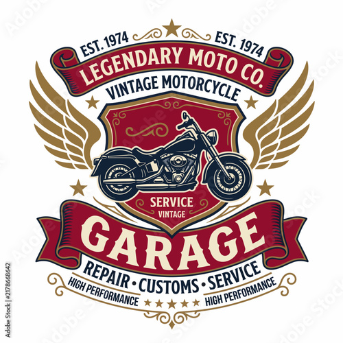 Vintage Motorcycle Garage Emblem with Wings and Banners.