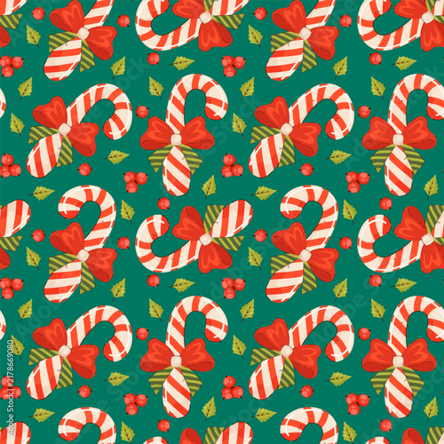 Christmas Candy Cane and Red Bow Seamless Pattern in Hand Drawn Style. Holiday vector illustration with berries and leaves perfect for cards, print, banner, label