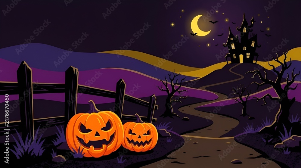 Fototapeta premium Spooky halloween night scene with jack o lanterns and a haunted house under a full moon