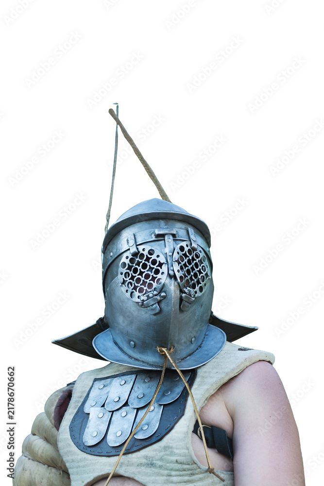 Obraz premium A close-up shot shows a gladiator wearing a metal helmet