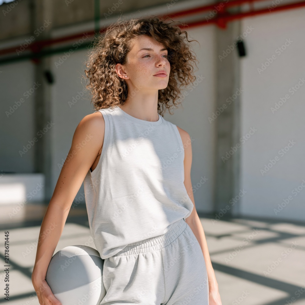 Obraz premium Curly haired woman in neutral athleisure holding a volleyball in a sunlit court for sports portrait and fitness campaign