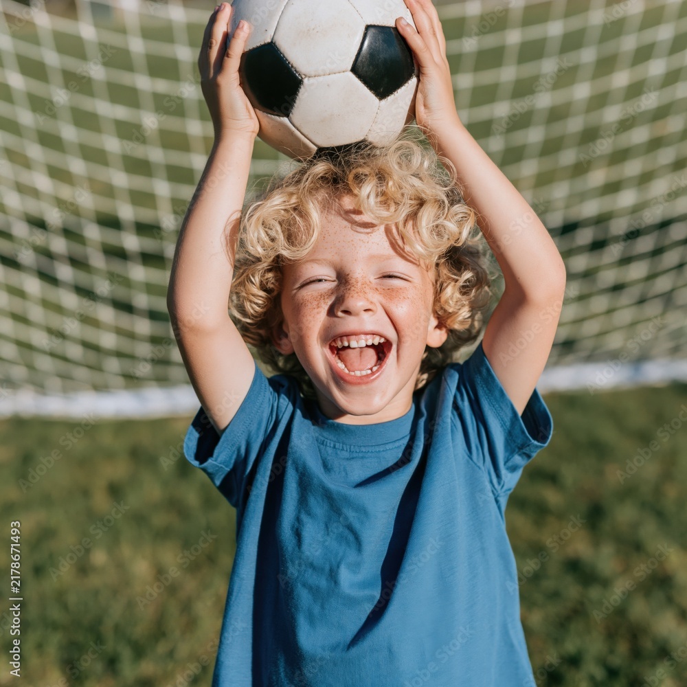 Obraz premium Laughing boy holding soccer ball over head in front of goal for youth sports banner and team celebration background