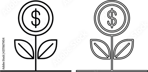 Professional line icon of a dollar coin plant growing from the ground to represent financial wealth and prosperity.
