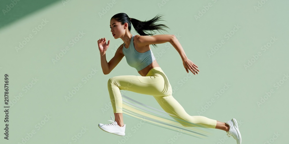 Fototapeta premium Female athlete sprinting and leaping on a pastel green background for fitness banner and active lifestyle design