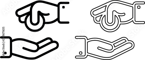 Minimalist black line icons of a hand giving a coin to another on white background, showing generous charity and help.