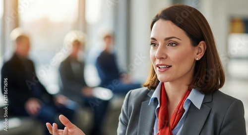 Professional woman speaking in a modern office setting