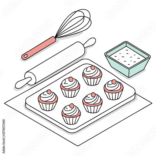 Baking tools and cupcakes illustration with whisk rolling pin bowl cupcakes illustration homemade delicious frosting utensils equipment preparation ingredients creative commerce isolated