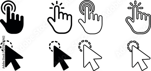 Collection of sleek black and white cursor icons and hand pointers for a clean and efficient digital interface experience.