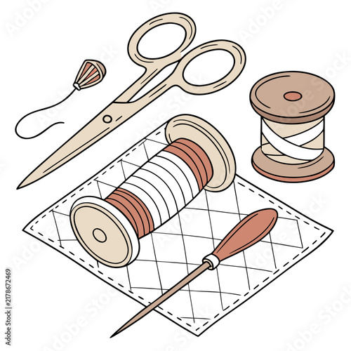 Quilting and sewing supplies set with spools of thread fabric square awl scissors quilting kit awl tool tailoring tools sewing accessories craft supplies white background scissors needlework