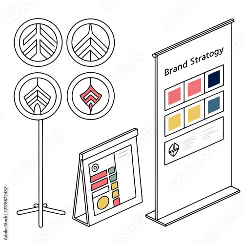 Brand strategy elements and visual identity presentation vector graphic set with presentation guidelines swatches business corporate graphics illustration marketing elements creative
