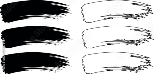 Collection of six bold black ink brush strokes featuring solid and outlined textured paint effects on a bright surface.