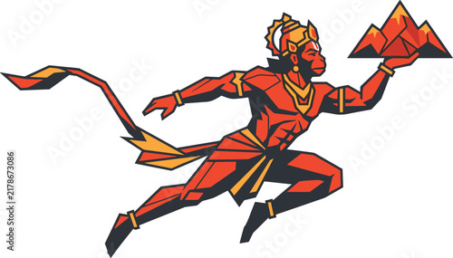 Modern geometric vector illustration of flying Lord Hanuman carrying a mountain isolated on a white background