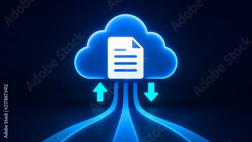 Obraz na płótnie Glowing cloud computing symbol illustrating secure digital document upload and data synchronization