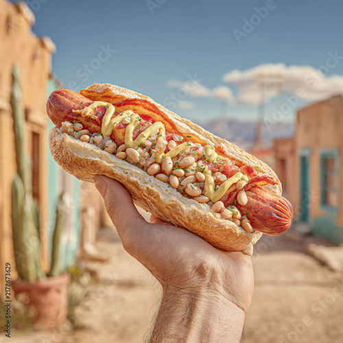 Large hot dog with beans and mustard held in hand on a sunny street in a colorful town