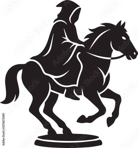 Foto Black silhouette of a hooded rider on a galloping horse icon with silhouette