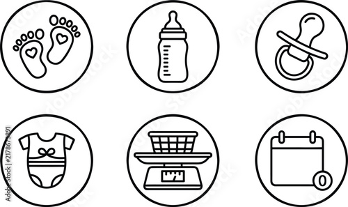 Baby care icon set footprints milk bottle pacifier onesie scale calendar simple line art vector.