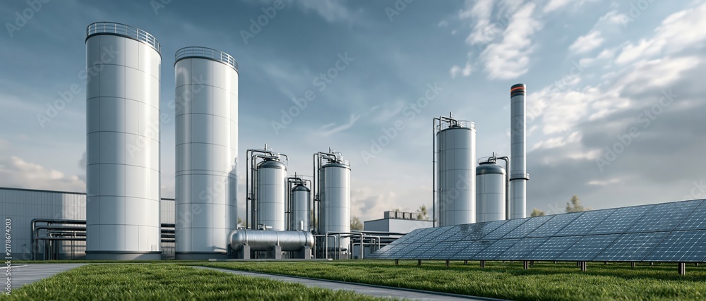 Fototapeta premium An advanced green technology plant featuring massive white storage tanks and rows of modern solar panel arrays, under a bright blue sky surrounded by grass fields..
